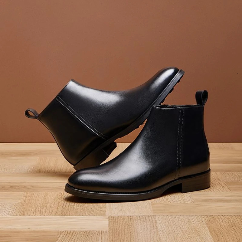 High Top Mens Chelsea Boots Genuine Leather British Business Formal Dress Shoes Winter Autumn Cowhide 260208