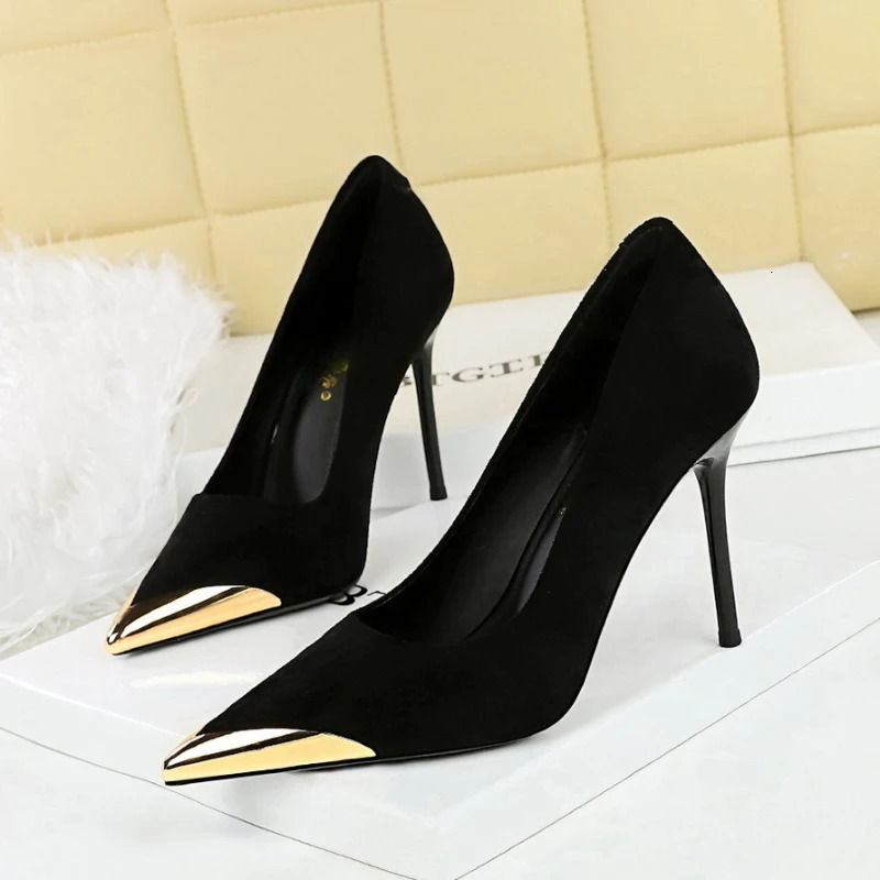 European American Banquet Womens Shoes High Heels Thin Heels Suede Shallow Mouth Metal Pointed Toe Iron Toe Slim Single Shoes 260123