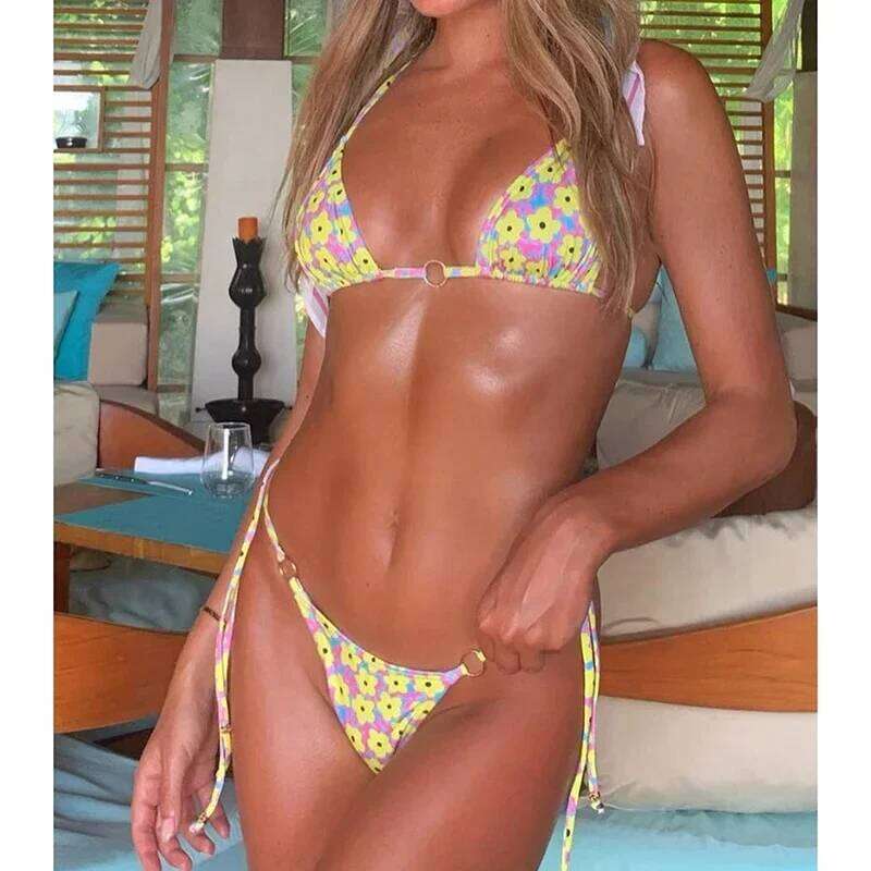 Printing Push Up Set Women Swimsuit Triangle Side Tie G-string Split Bikini with Pants 2025 New Beachwear 3 Pieces Sets C260207