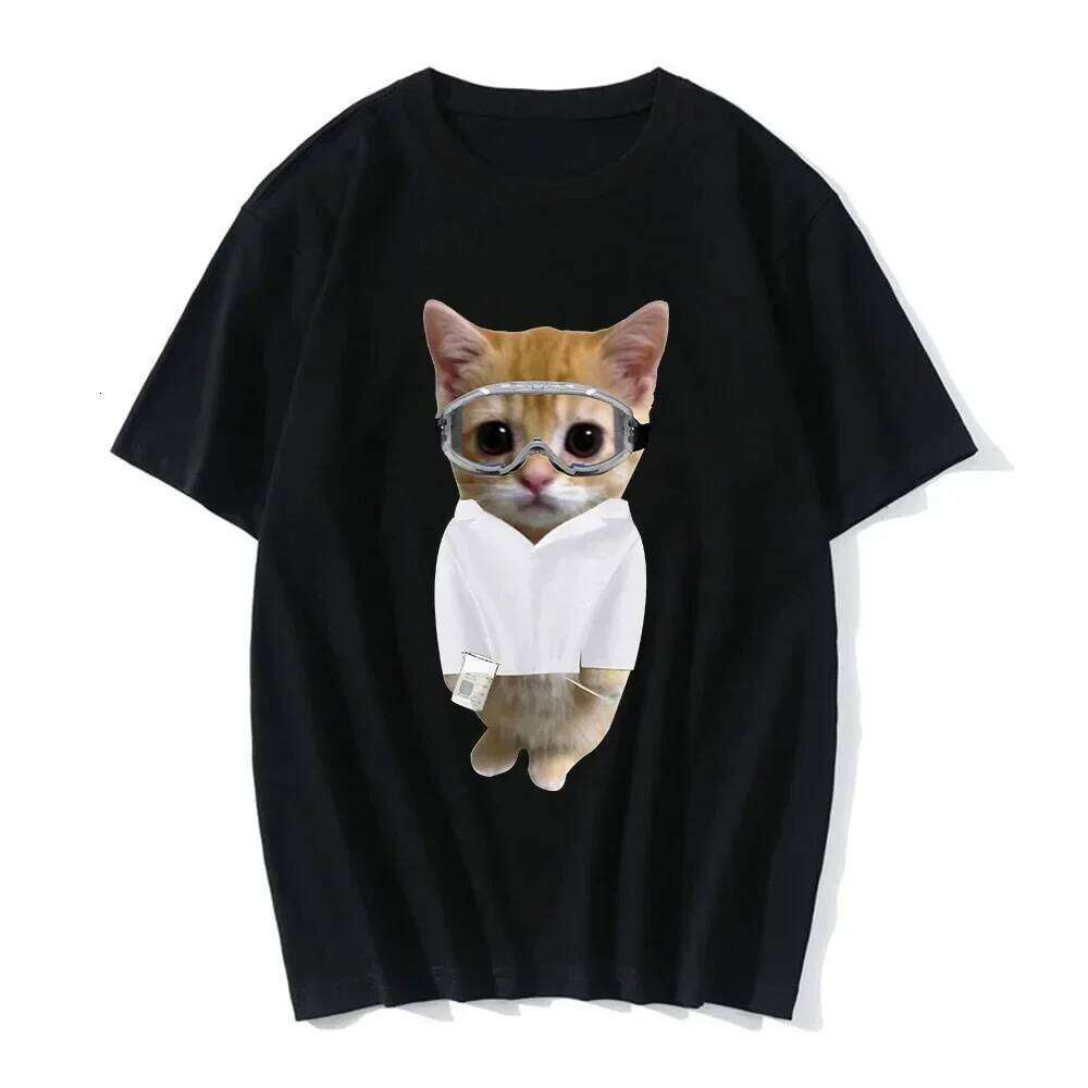 2025 Camiseta informal con estampado gato divertido, verano para mujerropa de moda camiseta C260207
