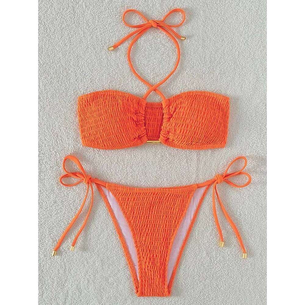 Halter Tie Side Pleated Smocked Women Bandeau Swimsuit Female Swimwear Two Pieces Bikini Set Bathing Suit Swim Beach Wear C260207