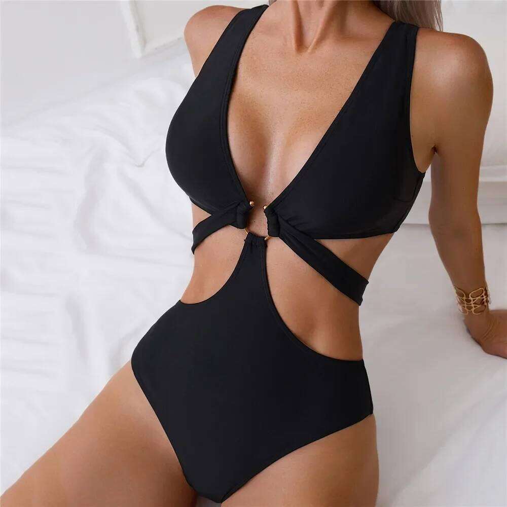 Black Bandage Hollow Out Swimwear One Piece Swimsuit Women Push Up Metal Ring Linked Monokini Bathing Suit Swimming Wear 2025 C260207