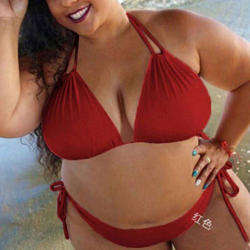 Sexy Plus Size Solid Color Straps Halter Bikini Split Swimsuit Ladies SwimwearBikini Set 2025 C260207