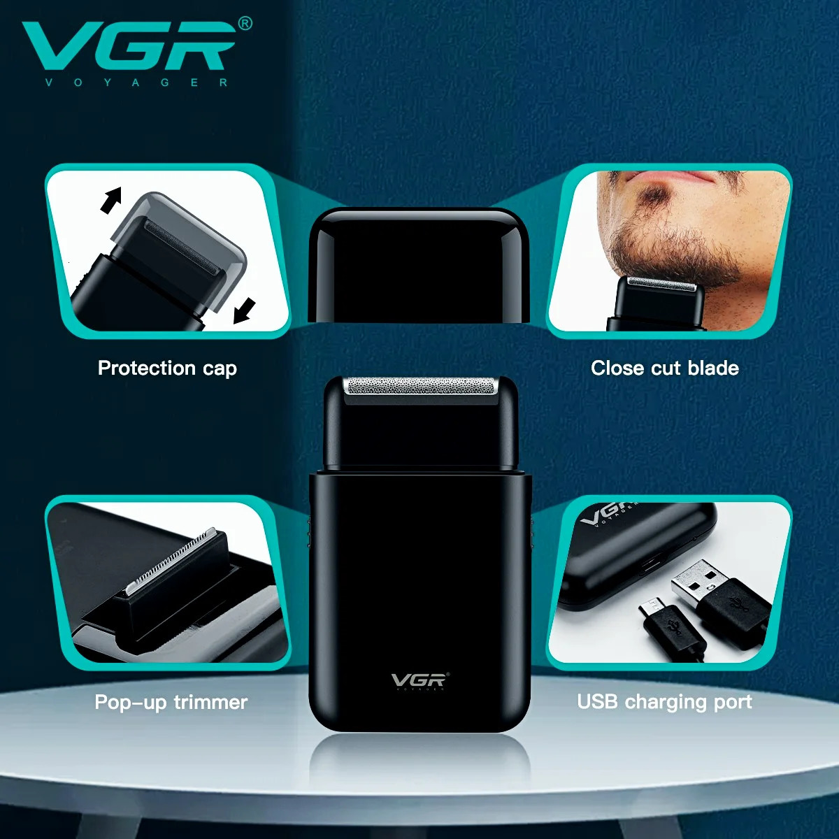VGR Electric Shaver Professional Beard Trimmer Razor Portable Mini Shaver Reciprocating Shaving 2 Blade USB Charge for Men V-390 260126