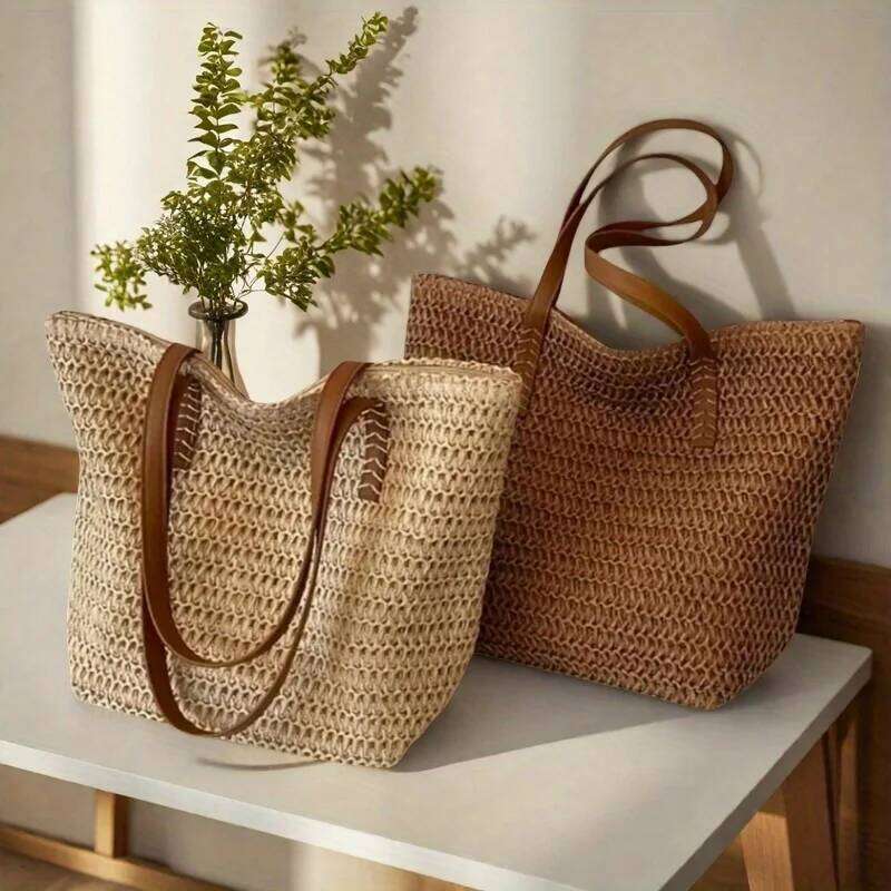 Fashionable and Versatile Women's Woven Bag with Zipper for Travel, Large Capacity Beach Bag, Handbag C260207