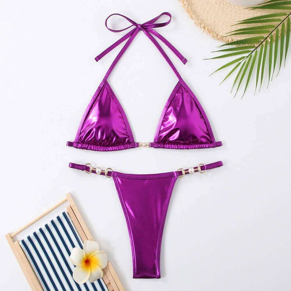 Para Praia Thong Swimsuit Women Halter Micro Bikini Set 2025 Solid Swimwear Brazilian Bathing Suit Beachwear C260207