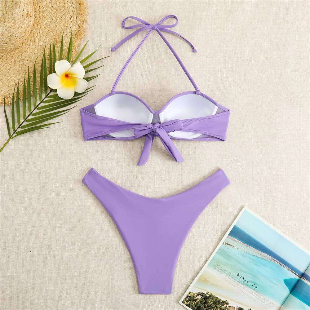 RED Bikini Backless Bandage Bandeau Swimsuit Twist Stacked Push Up Vacation Swimwears Women Y2K Cute Beach Outfits Bathing Suits C260207