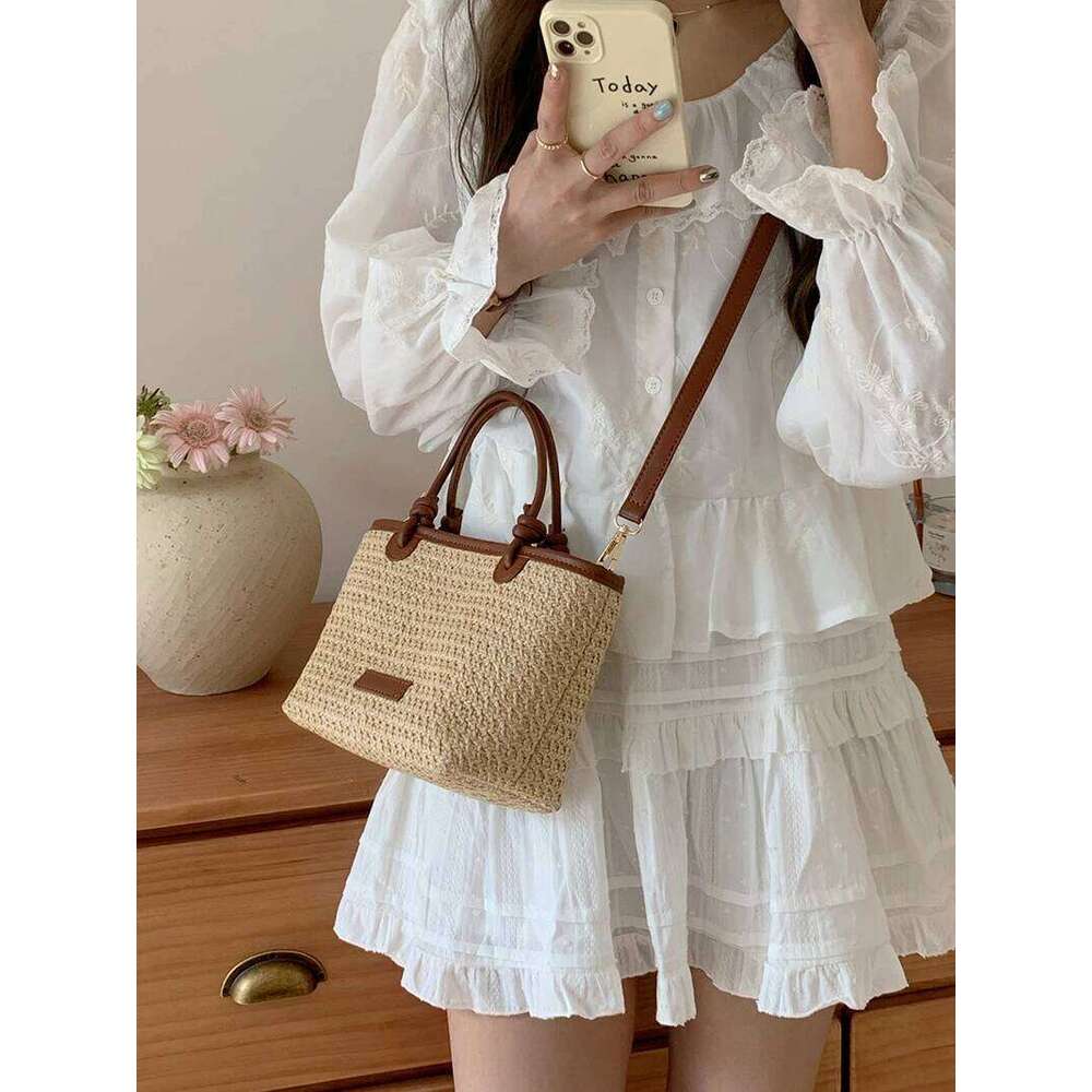 Summer Vacation Women's Beach Straw Shoulder Bag Retro Design Ladies Portable Crossbody Bags Knot Basket Woven Tote Handbags C260207