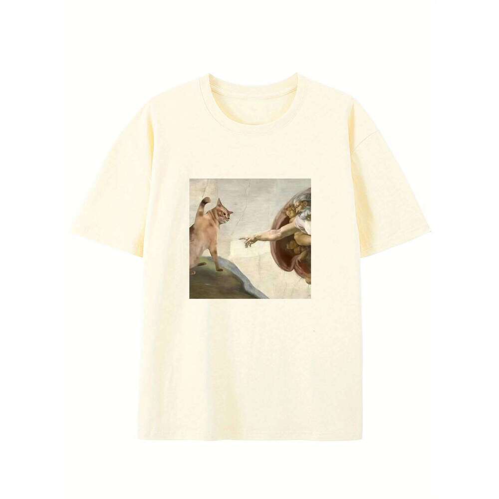 Humorous Cat and Adam Creation Parody Graphic T-Shirt Crew Neck Tee Fit Short Sleeve for Adult Summer Casual Fashion Top C260207