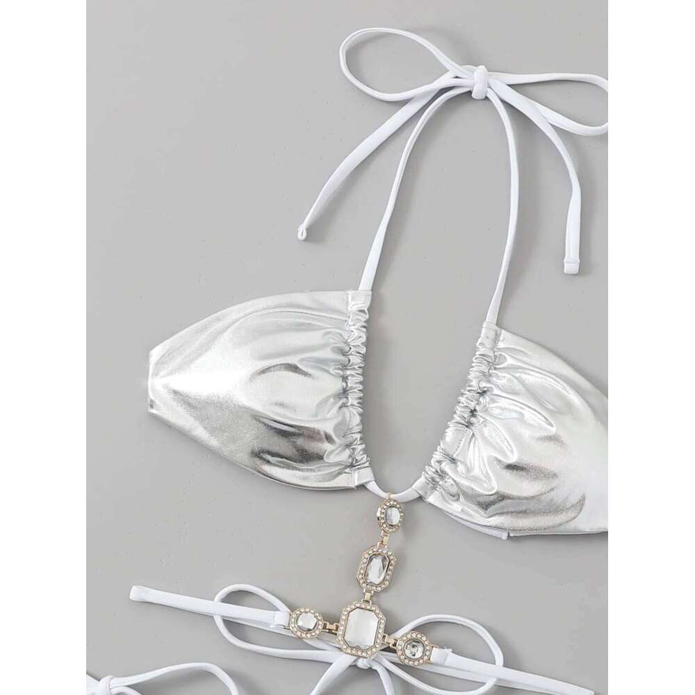 sexy metallic silver halter tie bikinis sets two pieces women thong bandage swimsuit female bathing suit swimwear biquini C260207