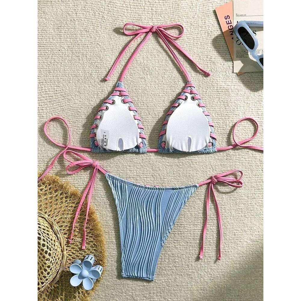 2025 Halter Wrinkled Weave Women Swimwear Female Swimsuit Two Pieces Bikini Set Brazilian Bathing Suit Swim Beach Wear C260207