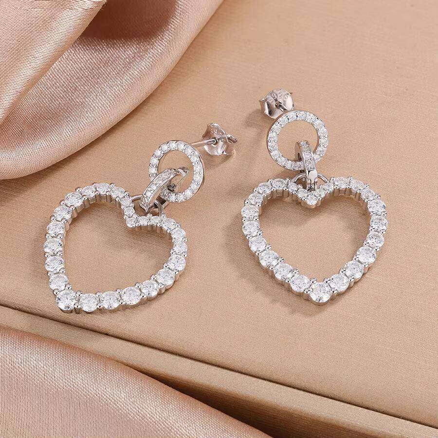 Luxurious S925 Sterling Silver Extra Large Heart Shape Dangle Gradient Pave Setting VVS Moissanite Statement Drop Earrings 12/15
