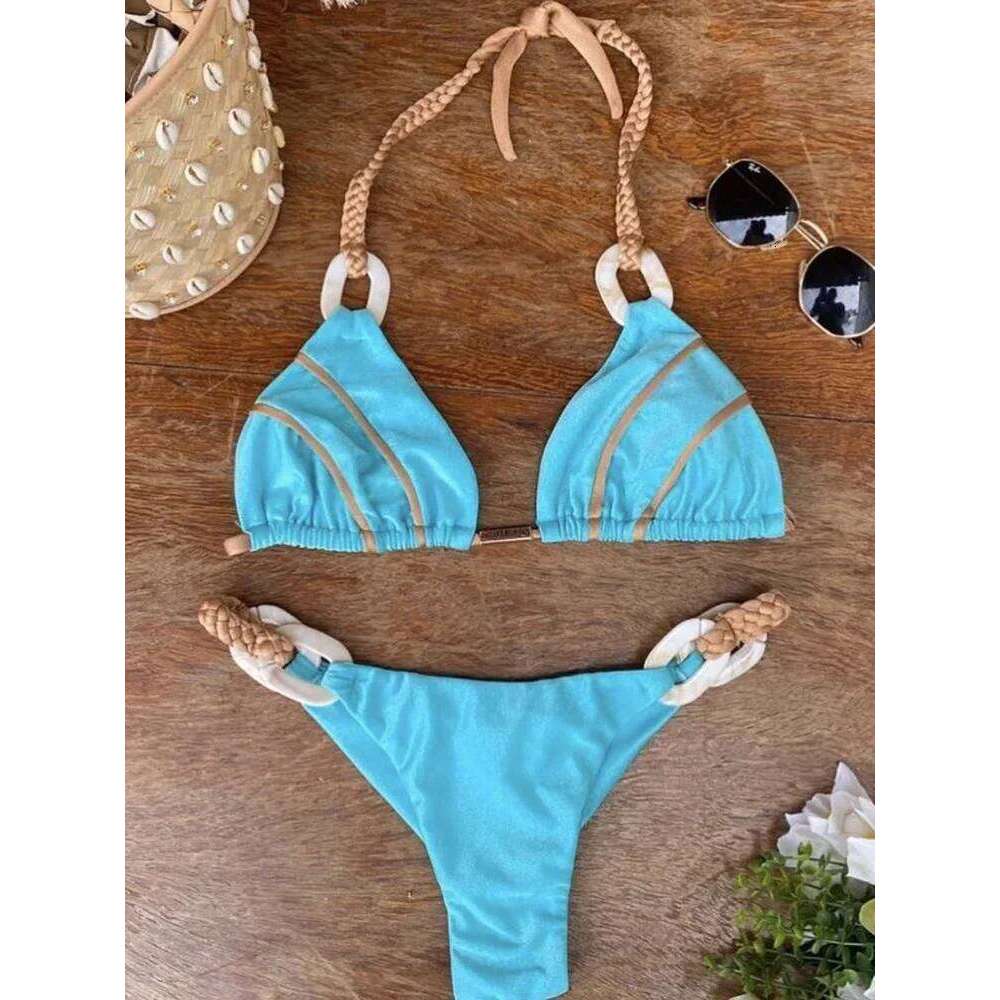 Patchwork Halter High Cut Knitted Women Swimwear Female Swimsuit Two-pieces Bikini Set Brazilian Bather Bathing Suit Swim C260207