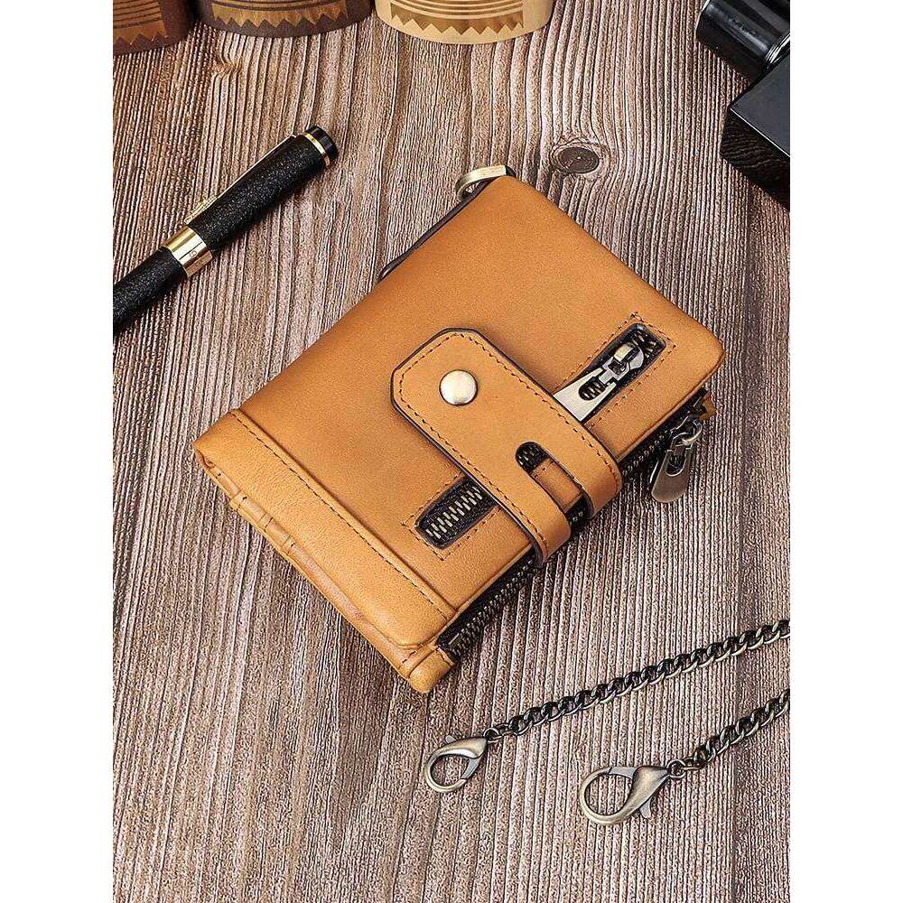 Western RFID Blocking Cowhide Leather Three Floded Chain Men Belt Large Capacity Card Slots Coin Purse for Mens Y260206