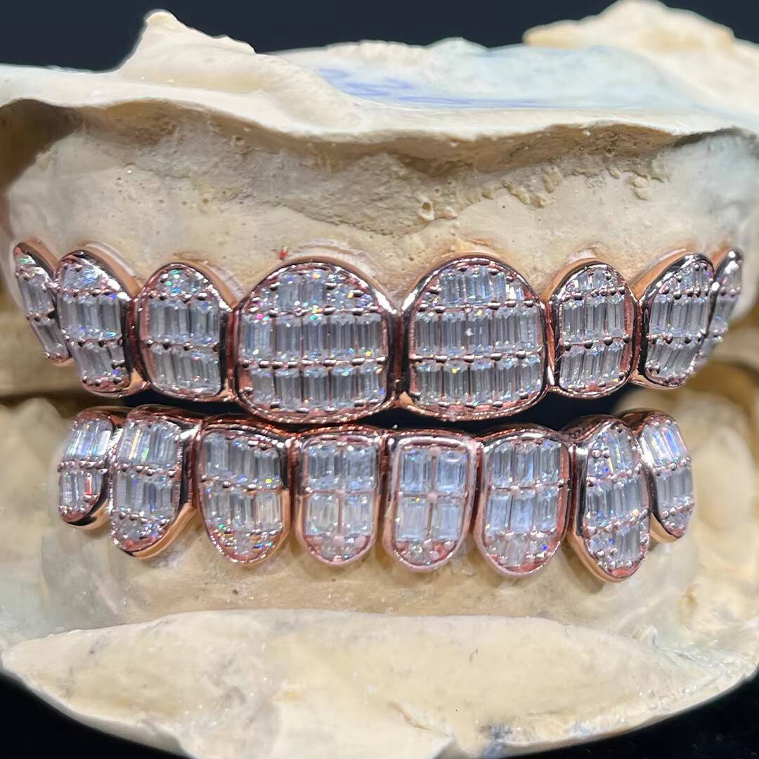 Custom Teeth Grillz Iced Out Baguette VVS Moissanite Diamond in S925 Silver Hip Jewelry