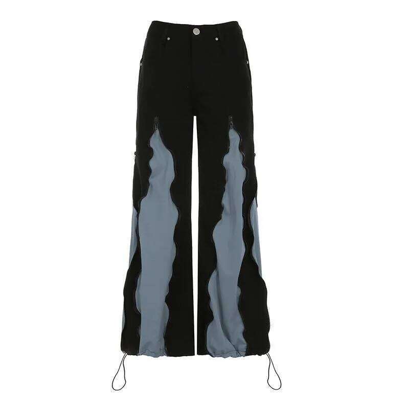 American Street Color Stitching Washed Jeans Female Y2K Harajuku Hip Hop Popular Baggy Slim Spice Girl Wide-leg Mop Pants