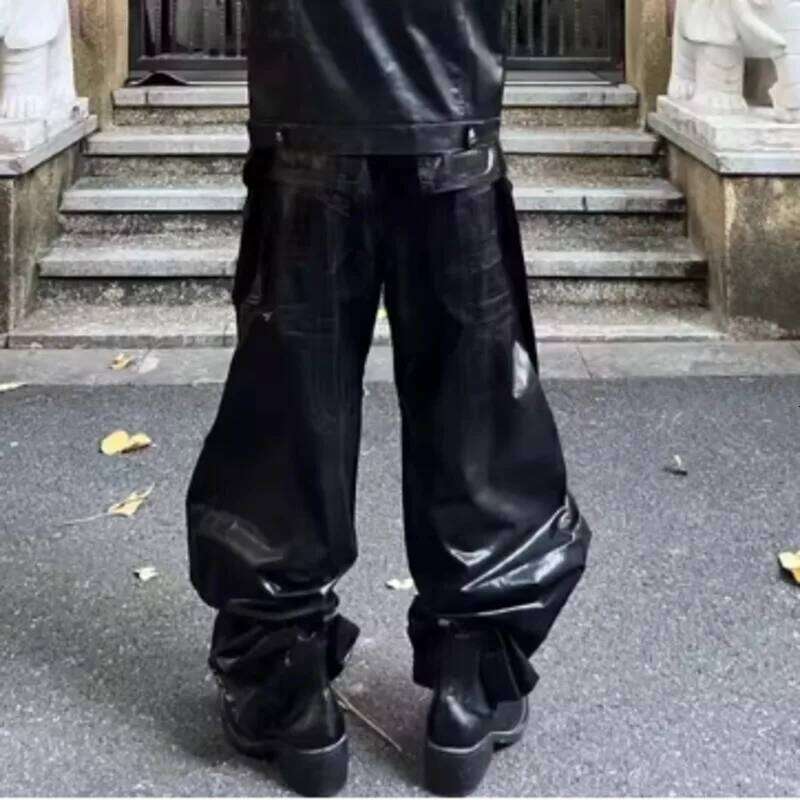 HKSH American High Street RO Brushed Wax Leather Coated Multi-Pocket Double Ring Cargo Pants Men Trend Wide-Leg Overalls HK18468
