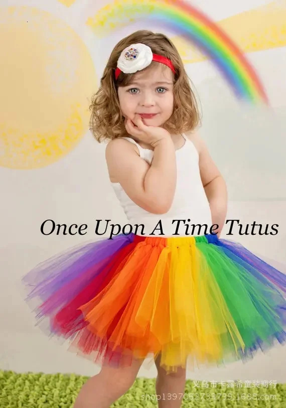 Girls Rainbow Color Tutus Skirts Baby Handmade Multicolor Tulle Ballet Dance with Flower Headband Kids Party Pettiskirts 260207