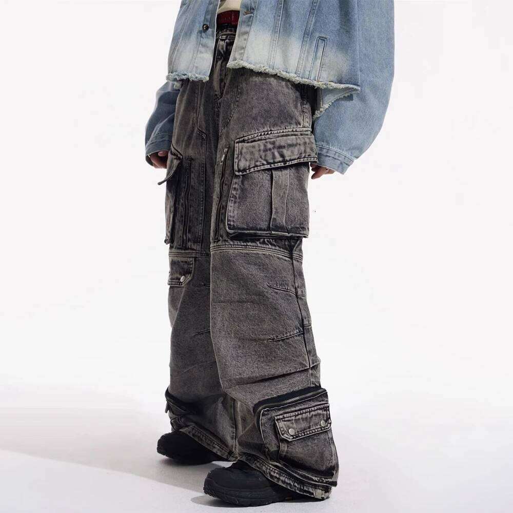 Men Gothic Y2k Big Pocket Cargo Jeans Streetwear Fashion Japanese Youth Campus Wide Leg Casual Pants Male Men'S Clothing