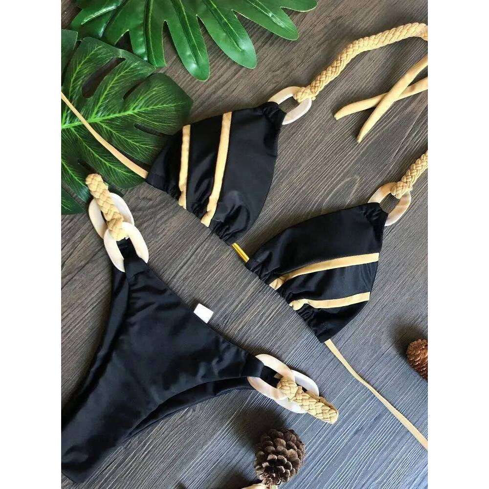 RUOTONGSEPT Black Bandeau Bikini Set Swimwear Women Push Up Biquini Sexy Thong Bikinis Patchwork Swimsuit Backless Bathingsuit C260207