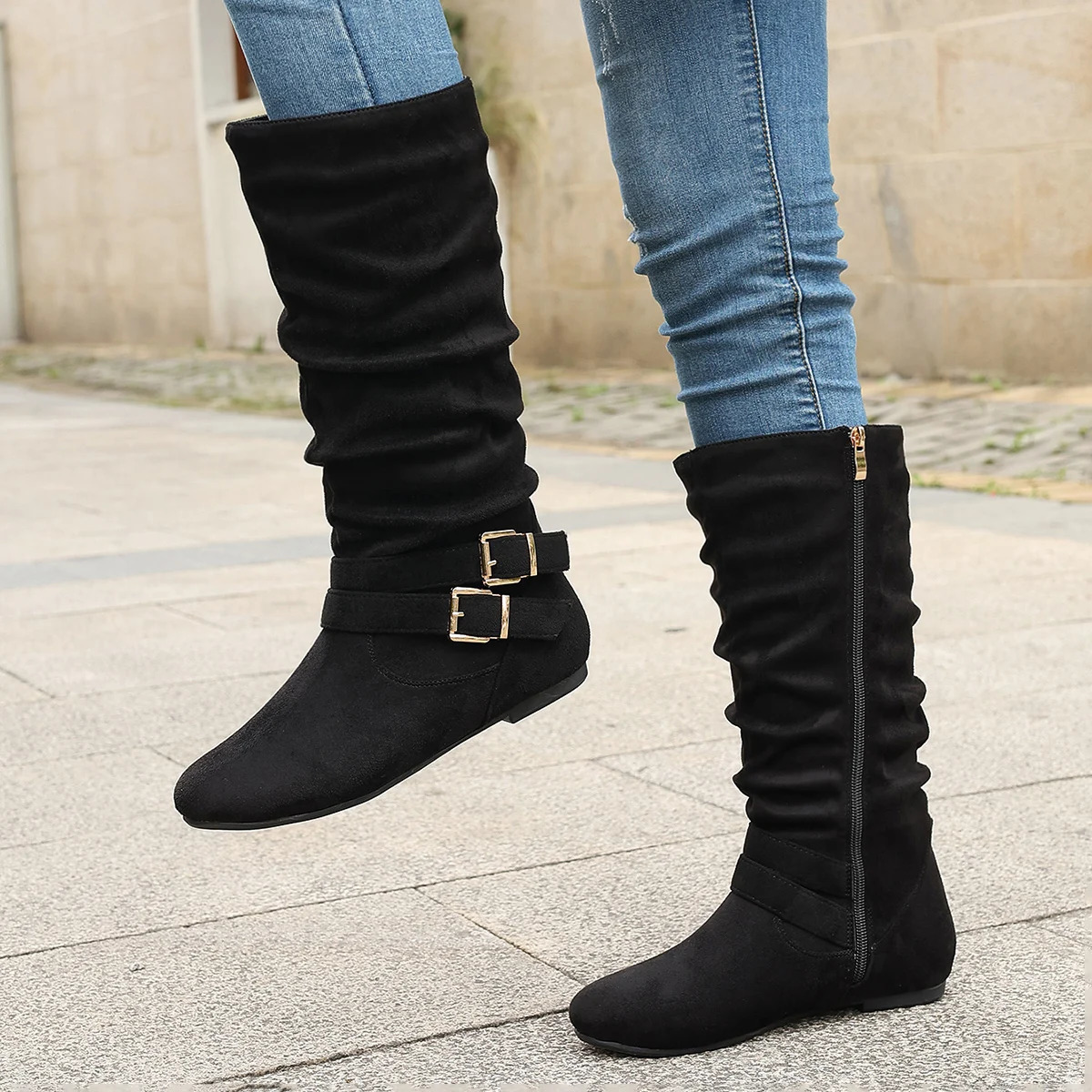 Pleated Europeanstyle flatheeled womens fashion boots with double buckles brown suede side zipper 260208