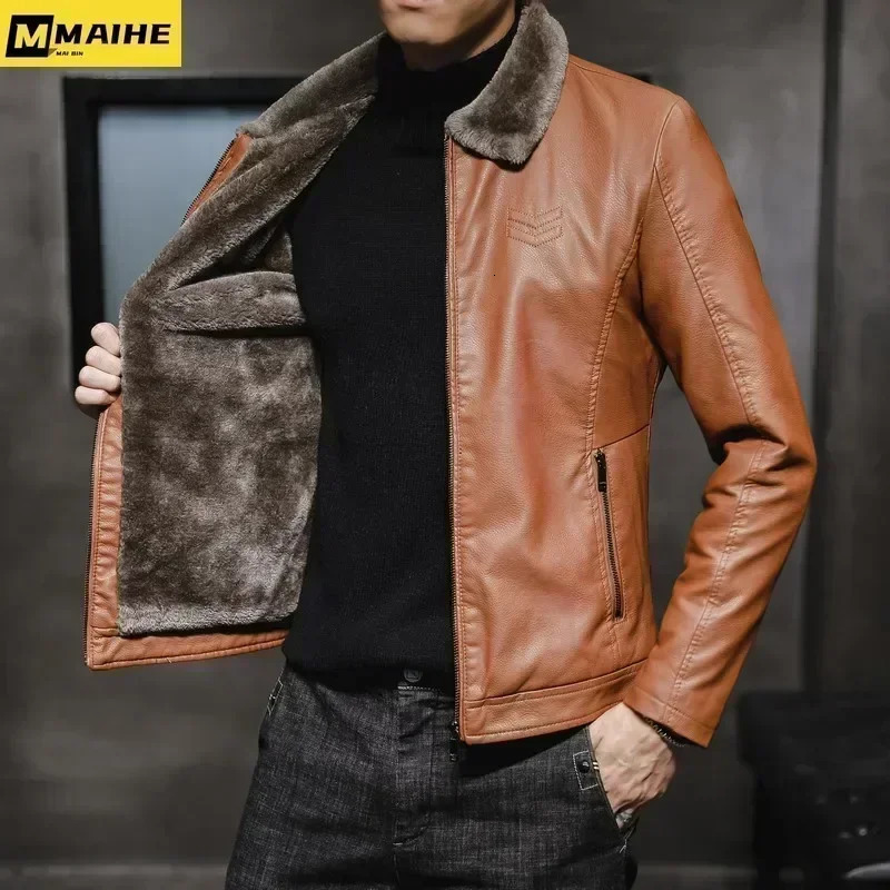 Vintage Brown Leather Jacket Mens Winter Faux Fur Collar Windproof Warm Coat Male y Clothing chaqueta cuero hombre 260205