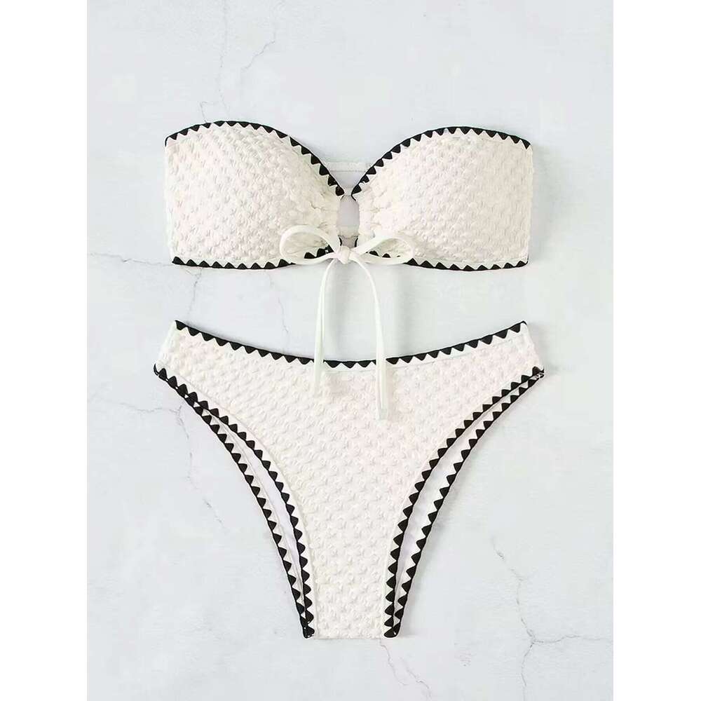 Swimwear White 2 Piece Strapless Swimsuit for Women Sexy Bandeau Backless Bikini Set Lace-up Patchwork Bathing Suit 2025 New C260207