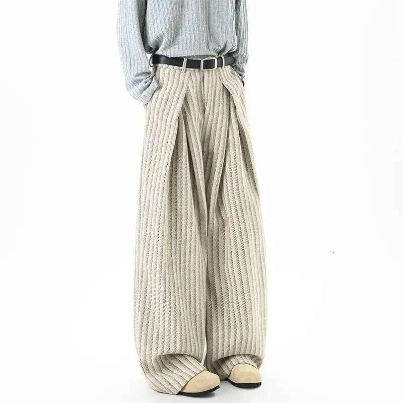 IEFB Niche Design Men's Trousers Striped Contrast Color Woolen Pleated Loose Straight Wide Leg Casual Male Pants 9X1633