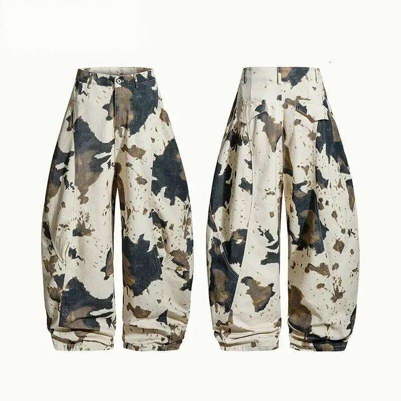 IEFB Niche Design Men's Casual Pants Cow Pattern Camouflage Contrast Color Loose All-match Male Curved Knife Trousers 9X1351