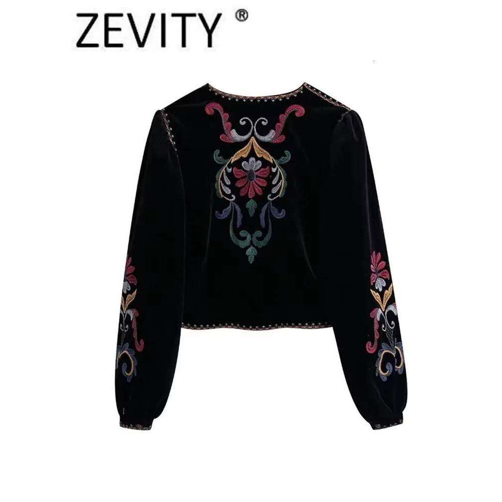 Zevity Women Vintage Flower Embroidery National Style Short Coat Ladies Retro Open Stitching Casual Velvet Jacket Tops Ct100