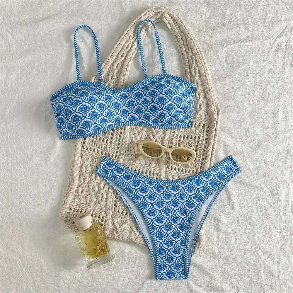 Green Vintage Floral Print Swimwear Bandeau Bikinis Sets Micro Thong Sexy Swimsuit Women 2026 Bathing Suit Bikini Mujer Biquinis C260207
