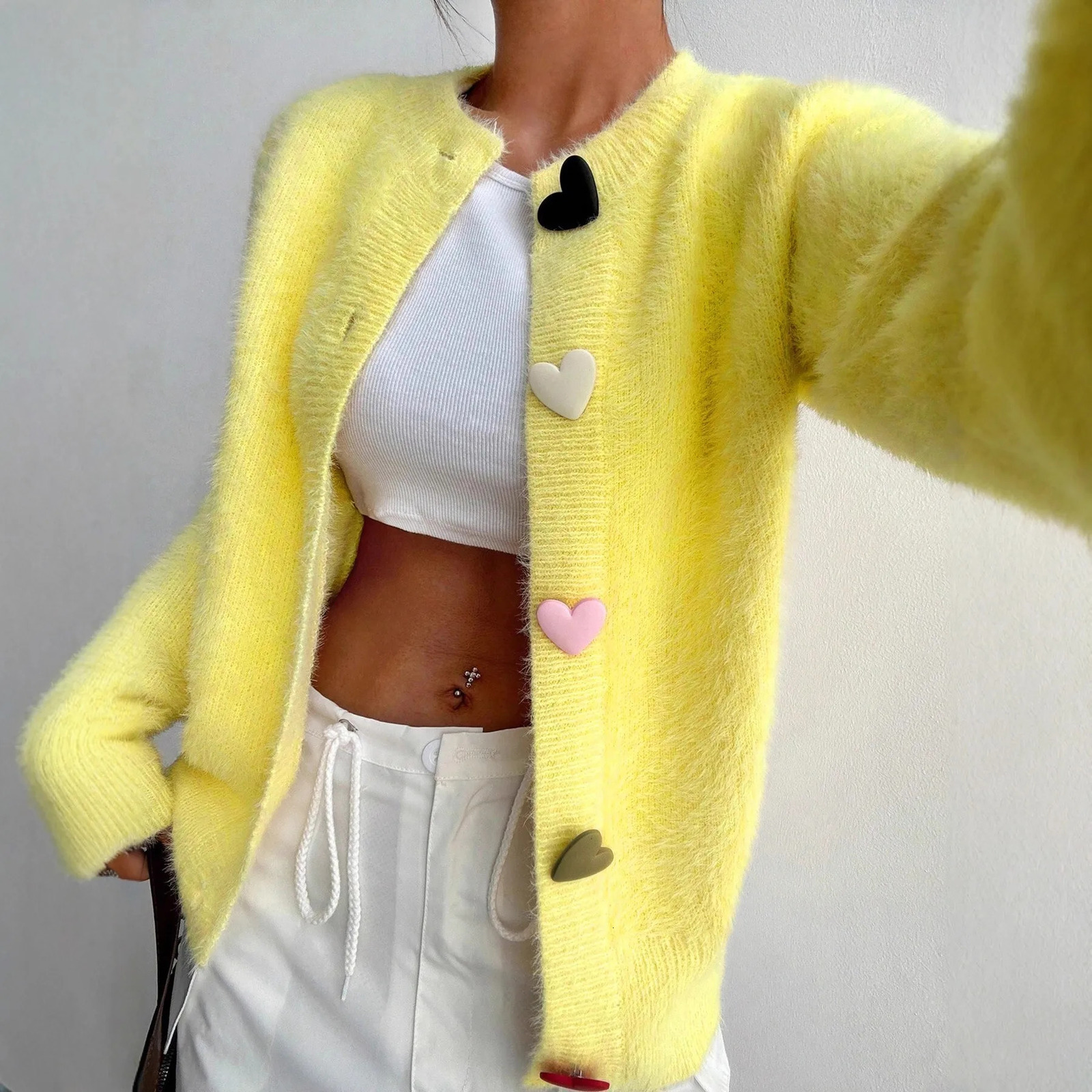 Autumn Winter Fashion Yellow Cardigan Women Heart Button Long Sleeve Knit Sweater Outerwears 260122