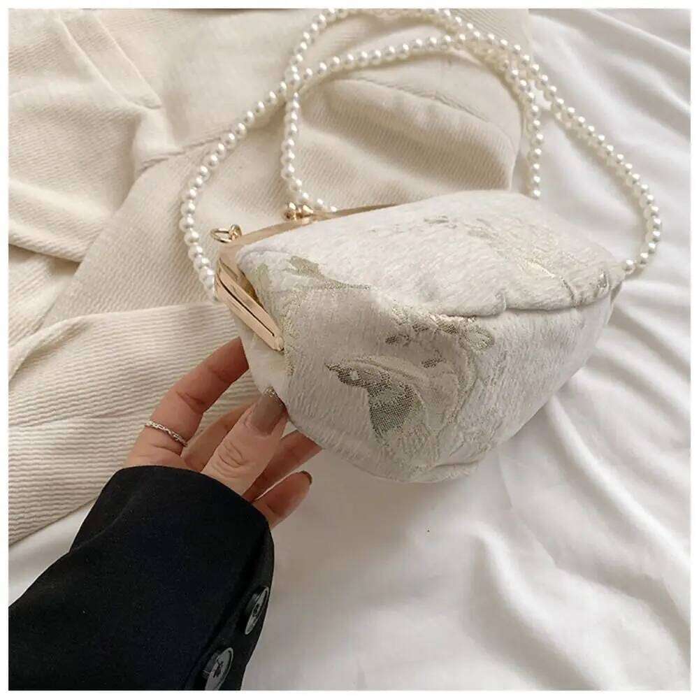 Portable Embroidered Chinese Style Pearl Chain Purses Hanfu Embroidery Handbag Canvas Shoulder Cheongsam Bag Party