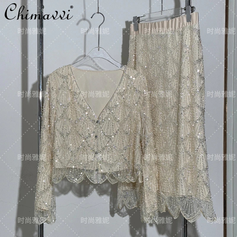 Fashion Fashion Long-sleeved Sequined Pearl Bead Cardigan Womens Top High-waisted Skirt 2-piece 2025 Spring Skirt Sets 260122