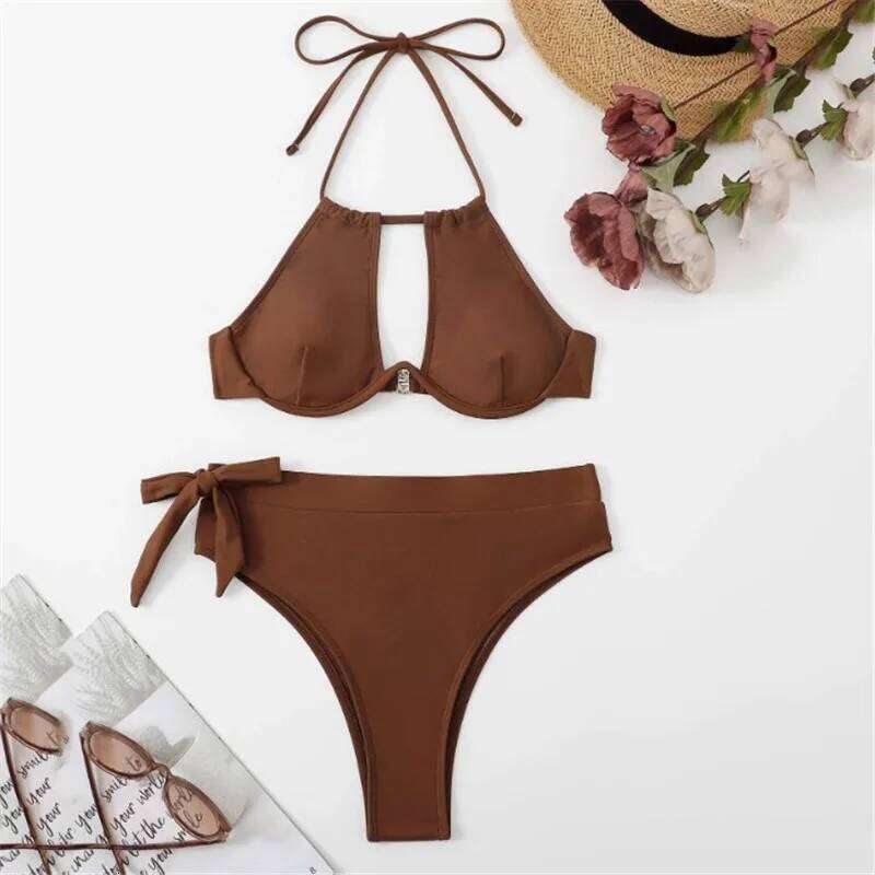 Brown High Waisted Bikini Set String Halter Swimwear Sexy Swimsuit Women Hollow Out Bathing Suit Push Up Bikinis 2024 Mujer C260207