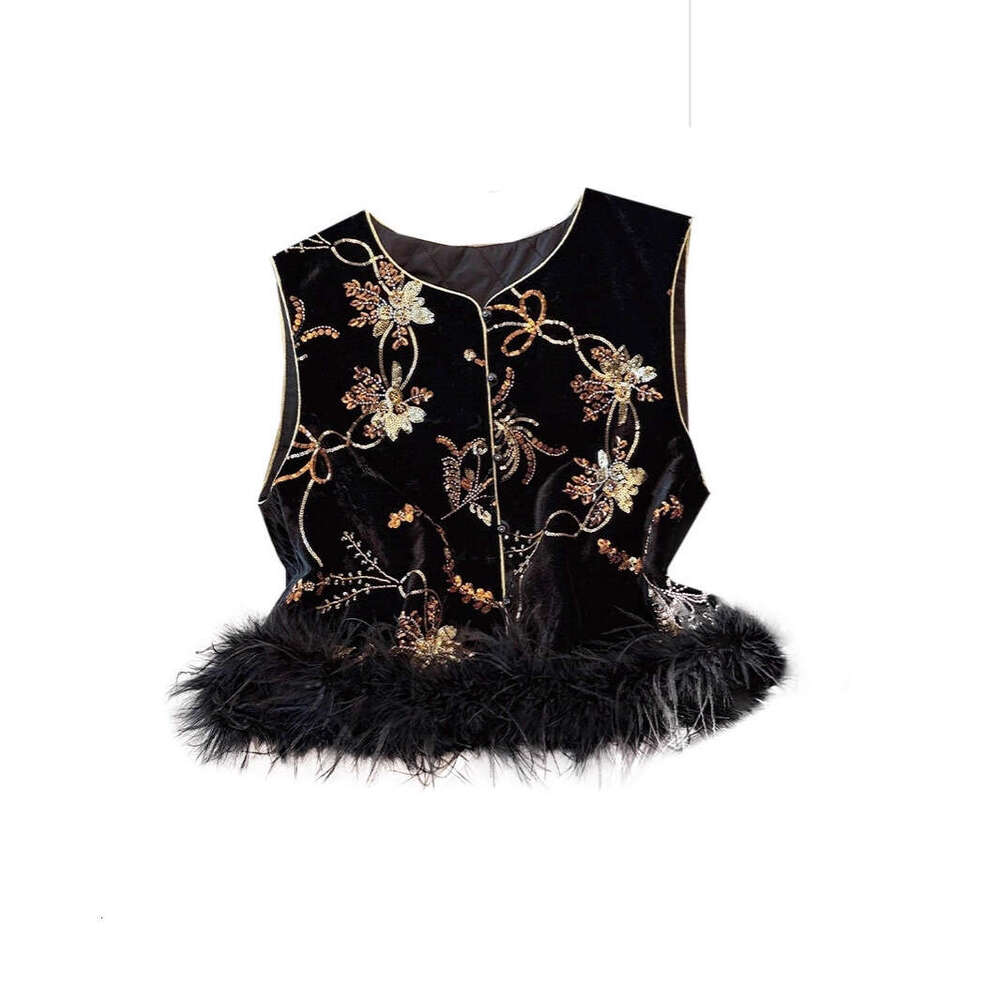 High-Quality Chinese Style Ostrich Feather Embroidered Jacket Women Autumn Sleeveless Retro Vest Top For Women Luanyun