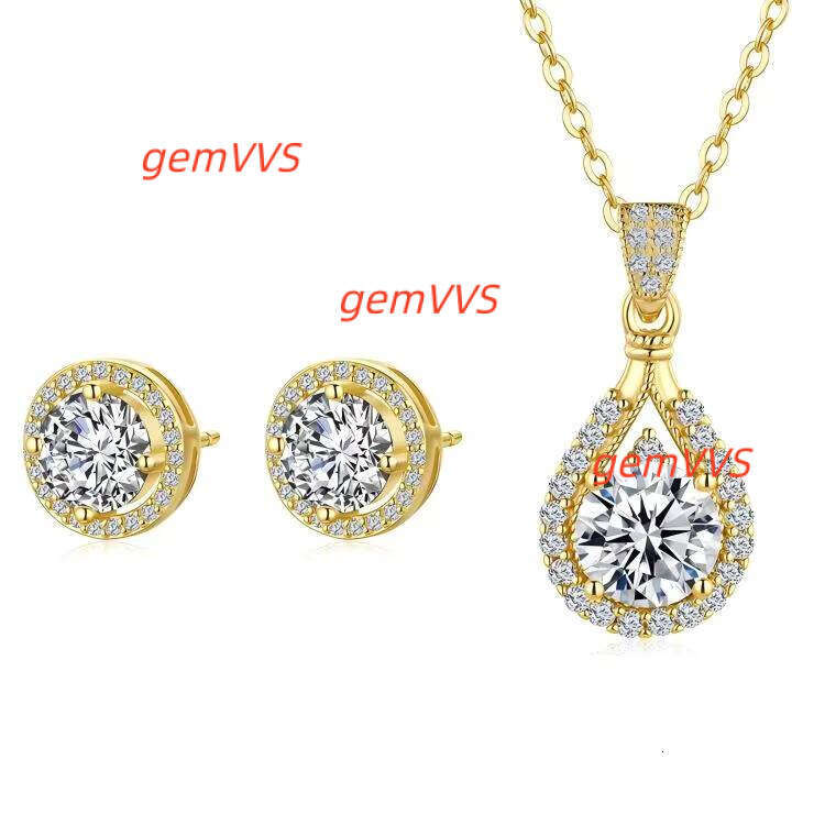 High Quality S925 Sterling Silver 18K Gold Plated Round Jewelry Vintage Vvs1 GRA Moissanite Pendant Necklace Earrings Set