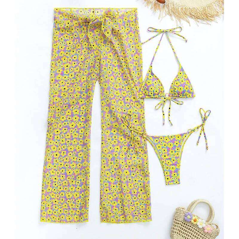 Printing Push Up Set Women Swimsuit Triangle Side Tie G-string Split Bikini with Pants 2025 New Beachwear 3 Pieces Sets C260207