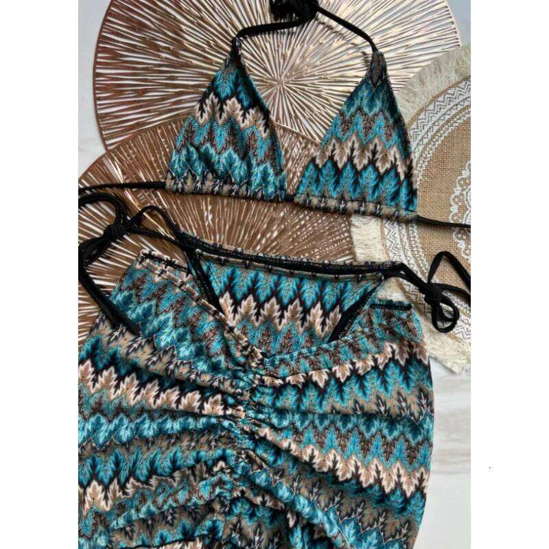 LeLeDolphin Womens Colored Maple Leaves Knitted Skirt Three-Piece Set Split Bikini Stripes Swimsuit C260207
