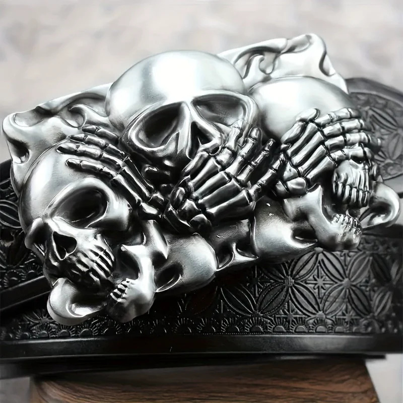 1 Western Cowboy Ancient Silver Multiple Ghost Head Skull Large Plate Buckle Belt Trendy Retro Society Young Men Punk PU Leather 260124