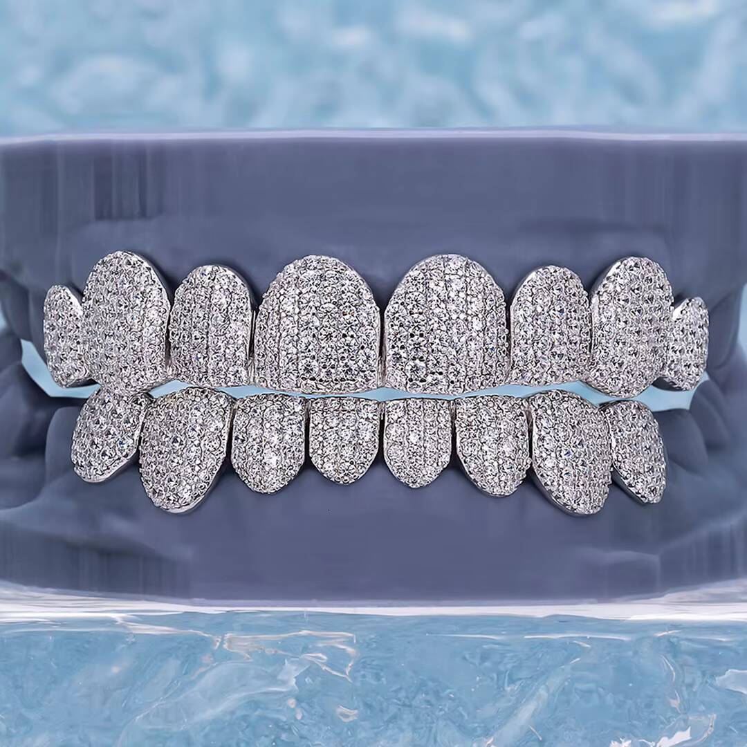 Custom Hip Hop Unisex Pave Setting 925 Sterling Silver 10K 14K 18K Gold Diamond Teeth Grillz Iced Out Moissanite Grillz