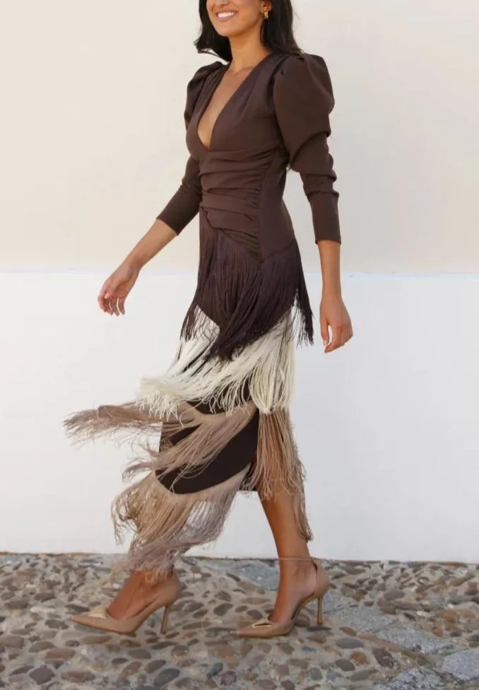 French Elegant Deep V Neck Slim Prom Dresses 2026 Spring Solid Spliced Tassel Long Dress Woman Long Sleeve New Autumn Maxi Dress R260208