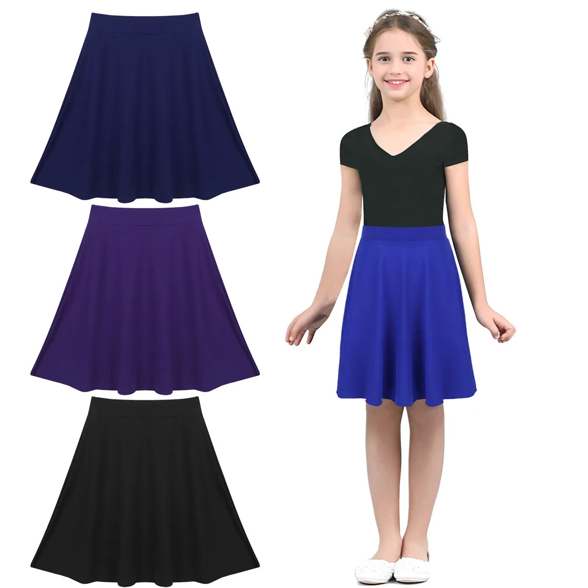 FEESHOW Kids Girls Skirts Big Solid Color Lightweight Stretchy Knee Length Full ALine Skater Skirt Casual Party Clothes 260207