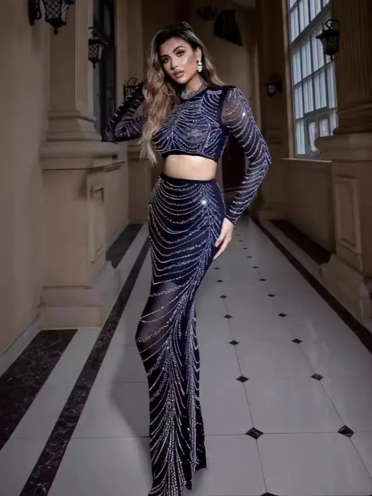 Women Celebrity Sexy Long Sleeve O Neck Diamonds T-shirt Black Split Skirt Set Elegant Evening Club Party Outfits 260122