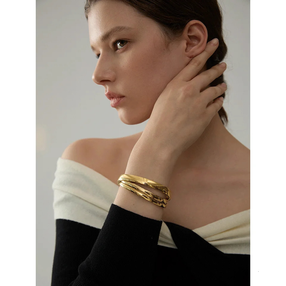 Yhpup 60mm Waterproof 316L Stainless Steel Round Smooth Bracelet Bangle Women Minimalist 18k Gold Color Texture Charm Jewelry 260202