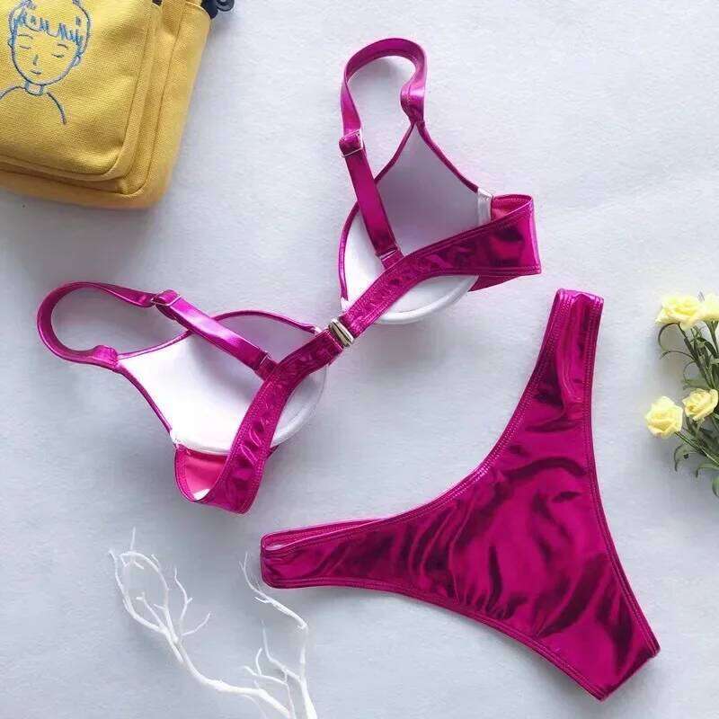 metallic push up micro bikinis sets padded bra bathing suit beach wear women sexy thong bikini reflective shinny swimsuits C260207