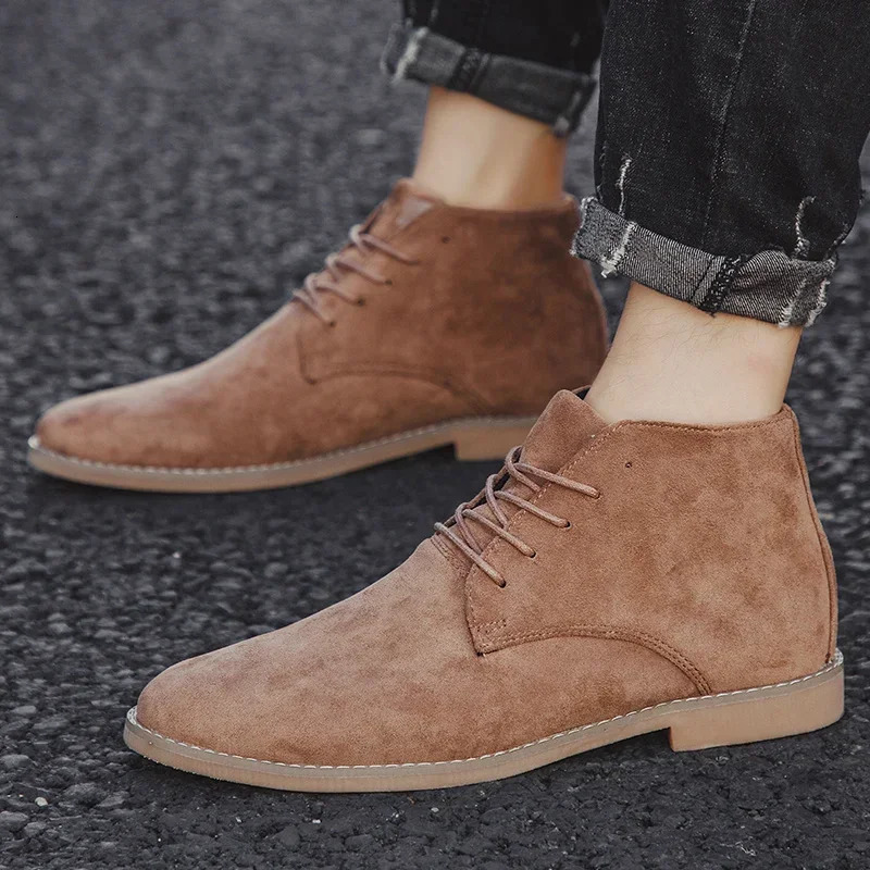 Brown Chelsea Boots Men British Style High Top Suede Leather Shoes for Laceup Pointed Toe n Mens Ankle Zapatos 260208