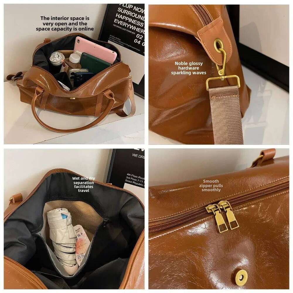 Fashion large capacity handbag Casual short trip travel Holiday gym tote bag, retro oil wax gloss PU leather crossbody bag C260207