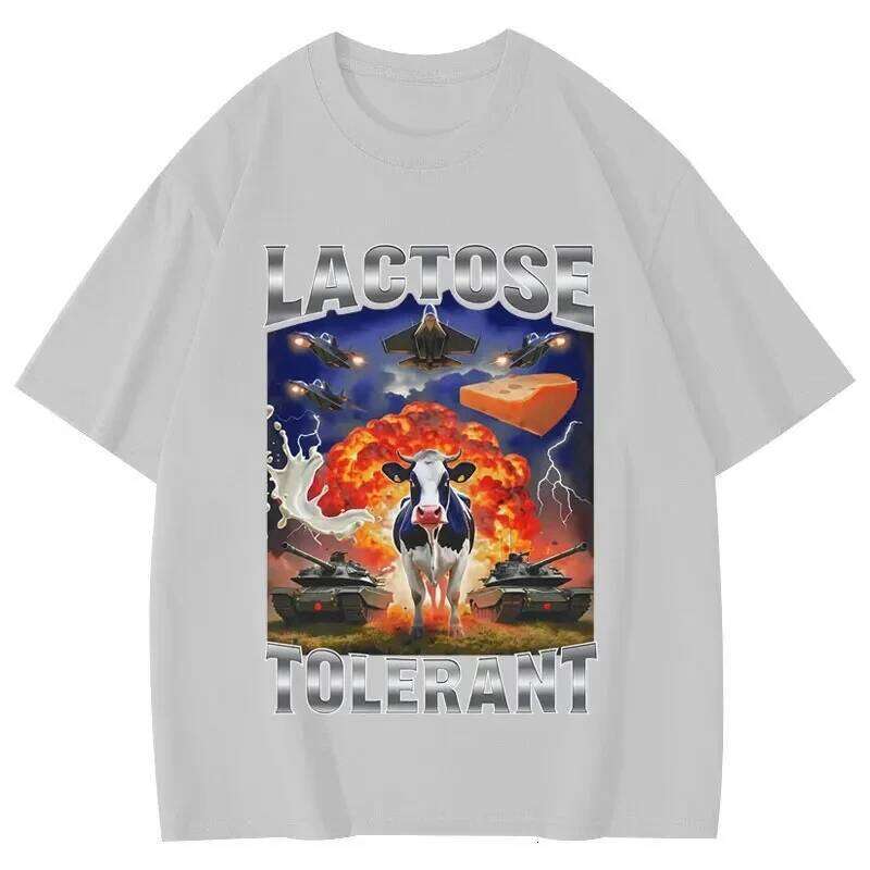Lactose Tolerant Funny Cow Meme Graphic T Shirts Women's Fashion Vintage T-shirts Short Sleeve T-shirt Summer Streetwear Y2K Top C260207