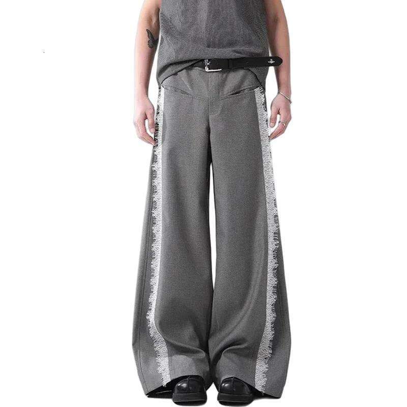 IEFB Stylish New Men's Casual Pants Lacework Patchwork Contrast Color Wide Leg Bottom Vintage All-match Male Trousers 9W4316
